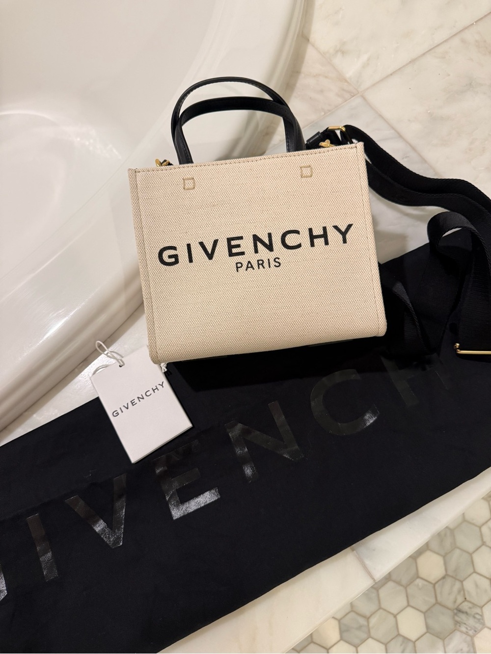 New Authentic Givenchy Cream Canvas Mini Tote With Black Logo And Strap